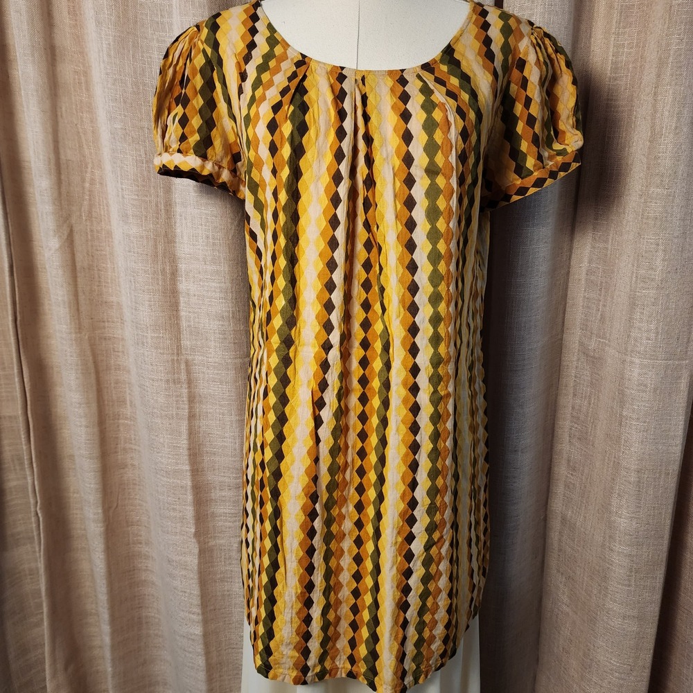Omana Tunic Top Womens Large L Geometric Diamond Short Puff Sleeve Yellow Boho